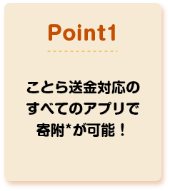 POINT1 ことら送金対応のすべてのアプリで寄附*が可能！